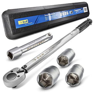 S&R Chiave Dinamometrica 1/2 ' 47.5 cm (28-210 Nm) Professionale Auto Moto con Prolunga 12.5 cm + 3 Bussole (17, 19, 21 mm). Chiave Professionale a Cricchetto Reversibile