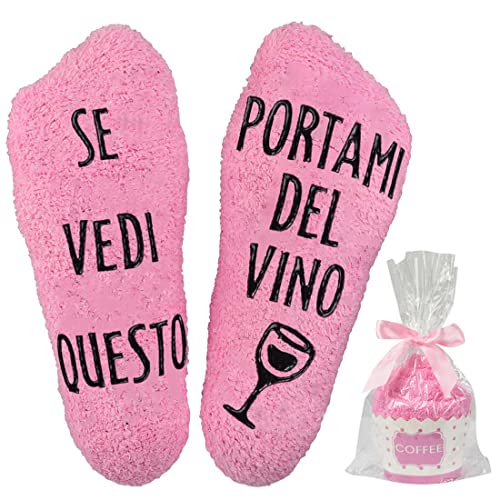 Tuopuda Regalo Donna Compleann Calze Donna Calzini Divertenti Invernali Regalo Vino/Caffè Calzettoni Idee Regali Migliore Amica Mamma Anniversario San Valentino Festa Natale, rosa（Italiano vino）