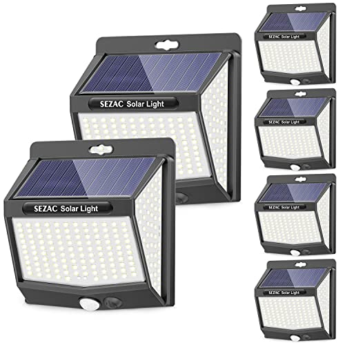 SEZAC Luce Solare Led Esterno【6 Pezzi /3 Modalità】 Illuminazione a 270°Luci Solari Esterno con Sensore di Movimento, IP65 Impermeabile Lampada Solare da Esterno per Giardino, Patio e Garage