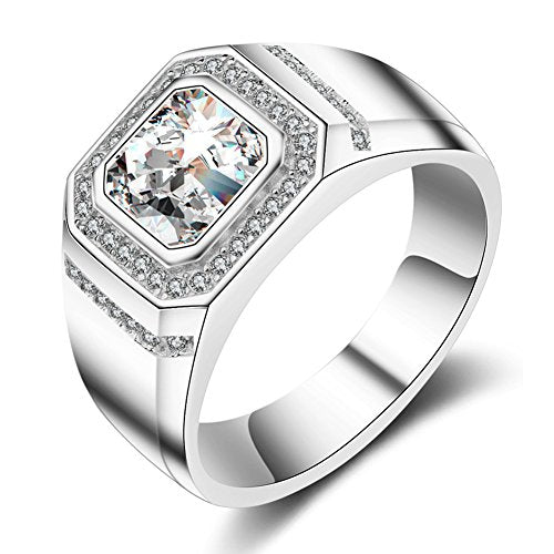 ENYU Uomo Argento Anelli Princess Cubica Zircone Tono -Anniversario di 22 - Ilgrandebazar