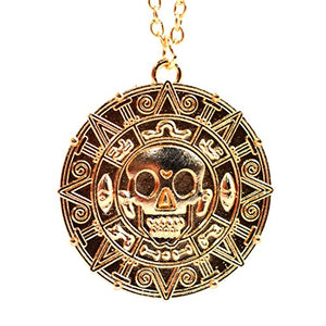 Ciondolo a forma di moneta / medaglione azteco con teschio, stile Pirati Gold - Ilgrandebazar