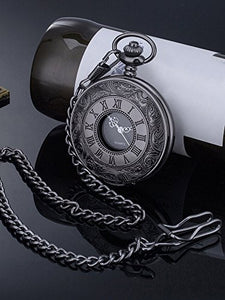 Orologio da Tasca Vintage Romano Numerale Scala al Quarzo con Catena (Nero) - Ilgrandebazar
