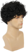 Carica l'immagine nel visualizzatore di Gallery, Parrucca corta per uomo Parrucca riccia a strati neri Parrucche sintetiche per capelli per costumi di Halloween con cappuccio per parrucca Y376-Nero