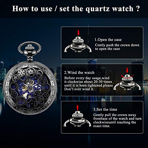 ManChDa Orologio da tasca con scheletro inciso, quadrante retrò, orologio meccanico da uomo, movimento dorato con doppia catena + scatola regalo, 1. nero e blu, larghezza 47 mm, 1.nero & blu, Large ManChDa Orologio da tasca con scheletro inciso, quadrante retrò, orologio meccanico da uomo, movimento dorato con doppia catena + scatola regalo, 1. nero e blu, larghezza 47 mm, 1.nero & blu, Large