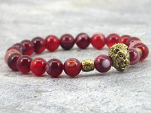 Carica l&#39;immagine nel visualizzatore di Gallery, Bracciale a testa di leone agata rossa a strisce naturali con perline dorate - Ilgrandebazar