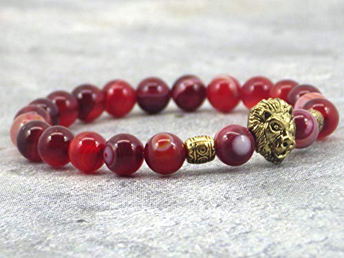 Bracciale a testa di leone agata rossa a strisce naturali con perline dorate - Ilgrandebazar