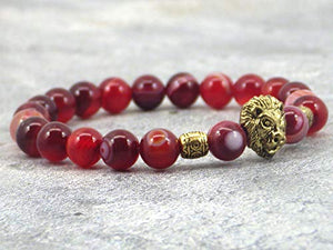 Bracciale a testa di leone agata rossa a strisce naturali con perline dorate - Ilgrandebazar
