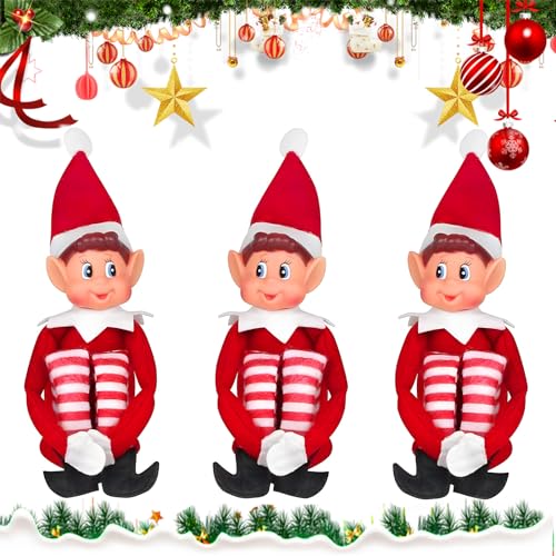 NCKIHRKK Elfo di Natale, 3 Pezzi Elfi Dagli Occhi Blu Elfo Natale Pupazzo, 35 cm Corpo Morbido e Viso in Vinile Elfo Dispettoso di Natale, con Cappello, Peluche Elfo Rosso