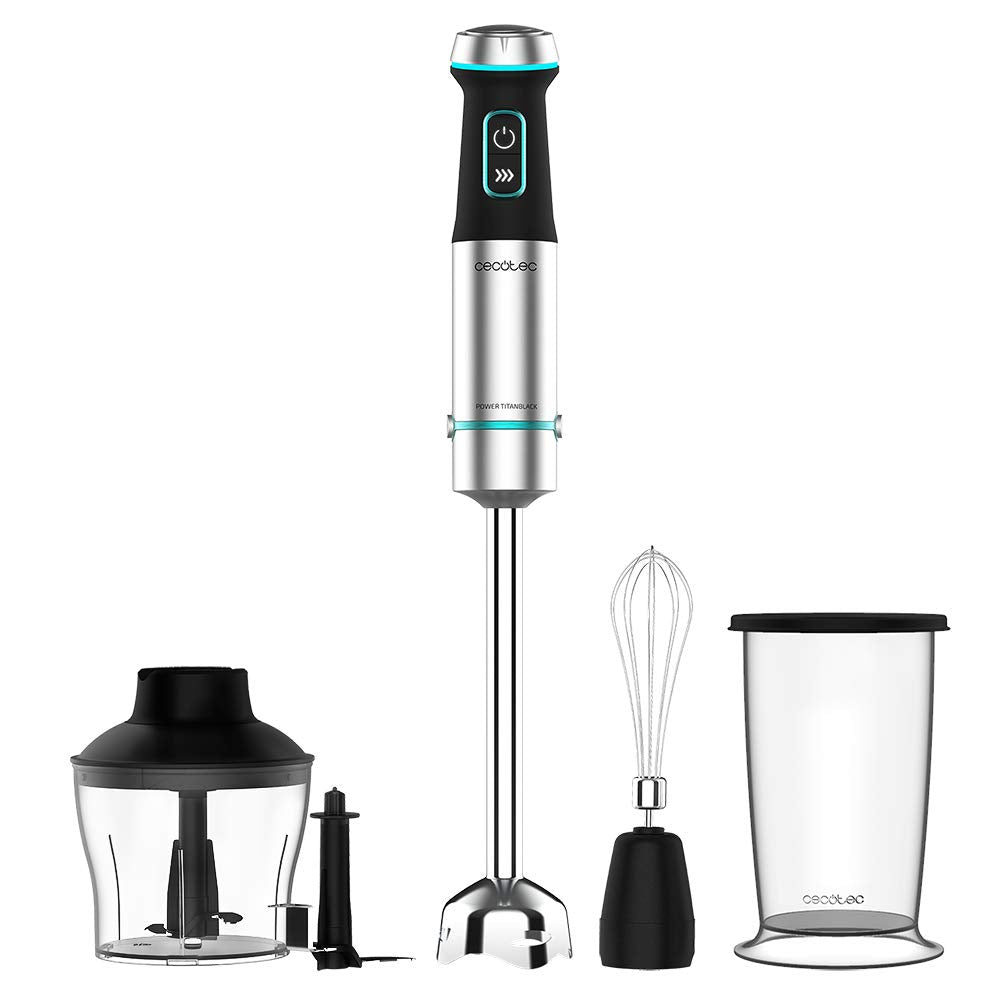 Cecotec Frullatore a mano Power Pulsar 2300 MAX. Potenza massima 2300 W, Lame a 4 Lame Con Rivestimento In Titanio Nero, Piede XL, Bicchiere 700 ml con Coperchio, Aste e Tritatutto con Becco Ghiaccio