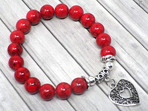 Bracciale da donna in perle di turchese rosso con pendente argento... - Ilgrandebazar
