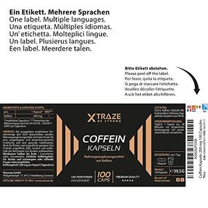 XTRAZE® Caffeina 200mg per Capsula Alto Dosaggio, 100 Capsule Caffeina Supplemento Pura in Polvere Bianca Anidra, Integratore Alimentare senza Additivi non Necessari, Qualità Tedesca