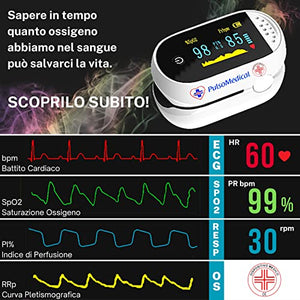 PulsoMedical Saturimetro da Dito Professionale Certificato CE, Pulsossimetro Ossimetro 4 Pile AAA OMAGGIO, Saturazione Ossigeno Sp02, Frequenza, Battito Cardiaco, Indice di Perfusione