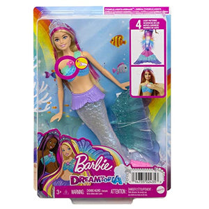 Barbie-Dreamtopia Sirena Luci Scintillanti Bambola Bionda con Coda che si Illumina, Luci che si Attivano con Acqua e Capelli con Ciocche Rosa, Giocattolo per Bambini 3+ Anni, HDJ36
