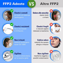 Carica l'immagine nel visualizzatore di Gallery, ADESTE - 50 Mascherine FFP2 Bianche Certificate CE, filiera controllata, anallergiche, con elastici comodi e resistenti. Sicura: capacità filtrante >99,5%, Buste singole sigillate.