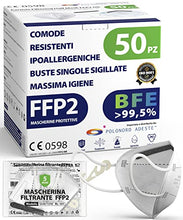 Carica l&#39;immagine nel visualizzatore di Gallery, ADESTE - 50 Mascherine FFP2 Bianche Certificate CE, filiera controllata, elastici comodi, anallergici e regolabili. Sicura: filtrazione in simulazione di indossaggio 99,5%. Buste singole sigillate.