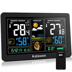 Kalawen Stazione Meteo Automatica Digitale Wireless Meteorologica con Schermo LCD Display Sveglia Tempo Data Temperatura umidità Previsioni di Tempo con Sensore Esterno Wireless