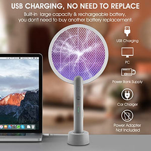 Racchetta Zanzare Elettrica, Mosiller 2 in 1 Scacciamosche Elettrico E 3000V Scacciamosche Da con USB Base Di Ricarica, Insetti Scacciamosche Portatile e Lampada UV per Casa, Cucina, Interni E Estern