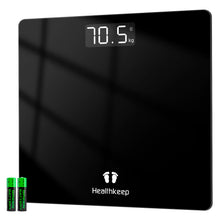 Carica l'immagine nel visualizzatore di Gallery, Bilancia personale Healthkeep, bilancia pesapersone con sensori ad alta precisione, bilancia digitale personale con tecnologia step-on, bilancia in vetro di sicurezza, nera 26 cm*26 cm