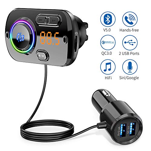 FM Trasmettitore Bluetooth 5.0 per Auto con Due Porta USB (QC 3.0 e Nero