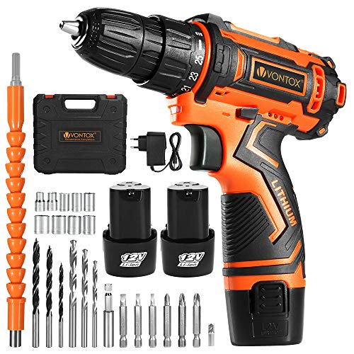Trapano Avvitatore A Batteria 12V VOLTIX - 2 Batterie, 2 Velocità, 18+1 Coppie, Luce LED, 23 Accessori Inclusi