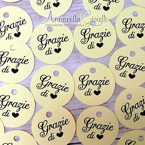 50 pezzi, Cartellini Stampati rotondi per bomboniera, 3 centimetri, grazie,... - Ilgrandebazar