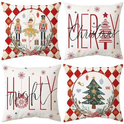 ARNTY Natale Federe Cuscini Divano 45x45, Natale Federe Cuscino,Cuscini Natalizi,Copricuscini Divano Set di 4 Fodere Cuscini Moderna Federe Decorative Camera da Letto Divano Cuscino per Esterno