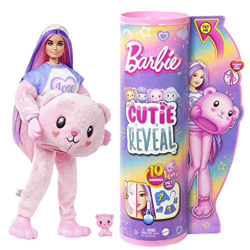 Barbie - Barbie Cutie Reveal Serie Pigiamini, bambola con costume da orsacchiotto di peluche, t-shirt Love, accessori e 10 sorprese cambia colore, giocattolo per bambini, 3+ anni, HKR04