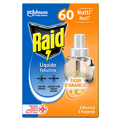 Raid Liquido Elettrico Antizanzare Comuni e Tigre, Ricarica, Fragranza Fiori d'Arancio, 1 Confezione da 1 Ricarica da 36ml, 60 Notti