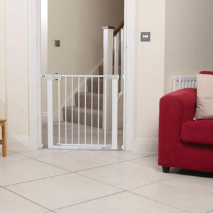 Safety 1st Easy Close Metal Cancelletto di Sicurezza per Bambini, Cani, Scale, 73 a 80 cm, Fissaggio a Pressione, Estensibile fino a 136 cm, Compatibile con Adattatore per Ringhiere, Metallo Bianco
