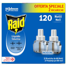 Carica l'immagine nel visualizzatore di Gallery, Raid Liquido Elettrico Antizanzare Doppia Ricarica, Inodore, Confezione da 2 Ricariche da 36ml, 120 Notti