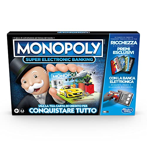 Hasbro Monopoly Super Electronic Banking, Gioco in Scatola, Variante con Carte di Credito e Spazi Aerei, Include Lettore Elettronico Hasbro Gaming, per Famiglie e Bambini da 8 Anni in su