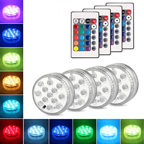 Set di 4 Pezzi Luce a LED RGB Sommergibile Luci Multicolori impermeabili 4 X 10pcs LED SMD con telecomando per Vasi, Giardino, Acquario, Stagno, Piscina, Cristallo, Feste, Natale, Halloween … [Classe di efficienza energetica A]
