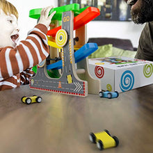Carica l'immagine nel visualizzatore di Gallery, Nuheby Pista in Legno per Macchinine con 4 Auto da Corsa 4 Rampa Giocattolo...
