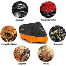 Carica l&#39;immagine nel visualizzatore di Gallery, Favoto Telo Coprimoto 210D Teli per Moto Scooter Impermeabile Resistente ad Acqua/Polvere/Pioggia/Vento/Foglie, Copertura Motociclo, 295x105x125cm (Nero Arancione)
