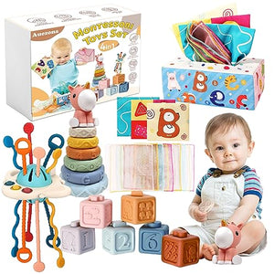 Auezona Giochi Montessori 6-9 Mesi, 4 in 1, Neonati, Bambini con UFO, Giocattoli Blocchi di Costruzione Impilabili 3 6 9 12 Mesi 1 2 3 Anno