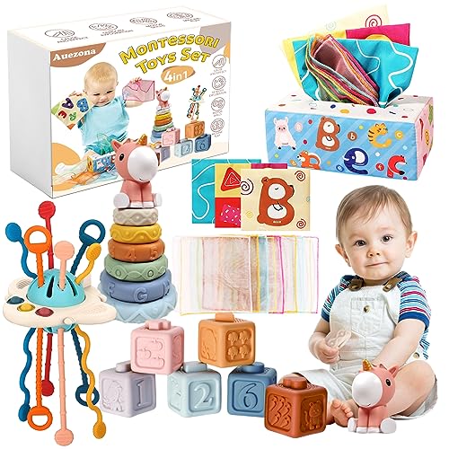 Auezona Giochi Montessori 6-9 Mesi, 4 in 1, Neonati, Bambini con UFO, Giocattoli Blocchi di Costruzione Impilabili 3 6 9 12 Mesi 1 2 3 Anno