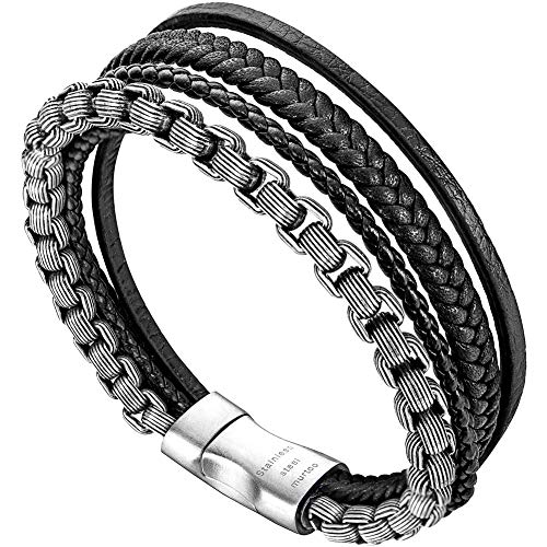 Murtoo Bracciale Uomo Acciaio Braccialetto Pelle e Pietra Nero E Argento - Ilgrandebazar