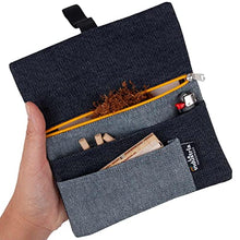 Carica l'immagine nel visualizzatore di Gallery, Portatabacco in Tessuto Jeans Denim - Astuccio Porta Tabacco Cartine Filtri, e accendino (Cerniera gialla)