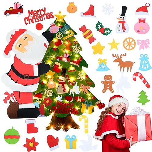Albero di Natale in Feltro per Bambini, 100 CM Feltro Albero Natale DIY Albero Natale Feltro Con 34 Ornamenti e 3m Luci a LED, Regali Di Natale Per Bambini Decorazioni Natalizie Da Parete Per Porte
