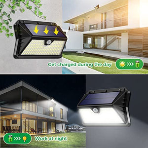 Faro LED Esterno con Pannello Solare, Luce Solare LED Esterno con Sensore di Movimento, 185 LED/3 Modos Lampada Solare da Esterno, 2200mAh IP65 Impermeabile LED Lampione per Giardino, Parete[4 Pezzi]