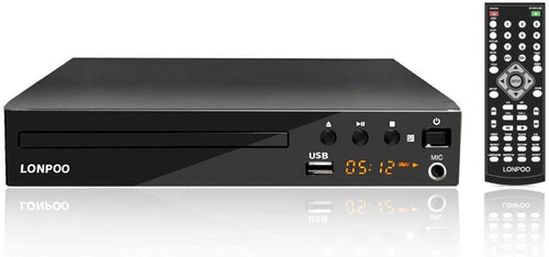 LONPOO Lettore DVD Compatto 1~6 Regione Libera (Porto HDMI, USB, RCA, MIC, LED Display con Telecomando, cavo HDMI& AV incluso) - Nero