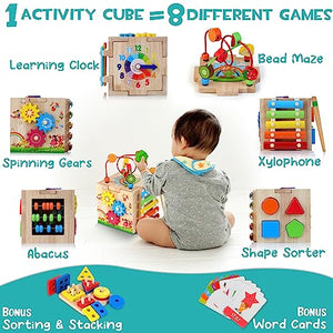 HELLOWOOD Cubo di Abilità Motorie in Legno per Bambini 8 in 1 Giocattoli di Impilabile Smistamento Giocattoli di Apprendimento Montessori per Ragazzi e Ragazze di 1 2 3 Anni