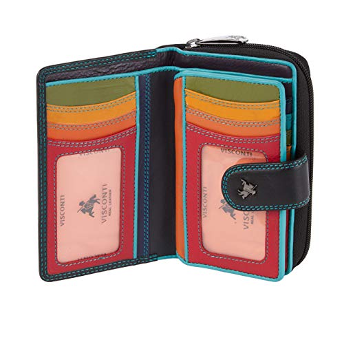 VISCONTI ® Portafoglio Donna Vera Pelle con protezione RFID Porta Carte di Credito con Portamonete Borsellino Portafogli Porta Banconote - COLORADO ( Nero/Rosso