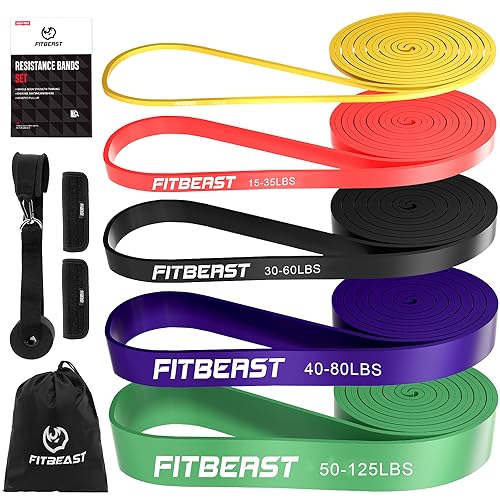 FitBeast Bande Elastici Fitness [5 elastici trazioni] con Ancoraggio per Porta, pad di Protezione per le Mani, per Stretching, Allenamenti di Resistenza, Potenziamento Muscolare, per Uomini e Donne