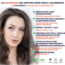 Carica l'immagine nel visualizzatore di Gallery, 60ml. Bio Siero con Acido Ialuronico Puro a 3 pesi Molecolari+Vitamina C -Noti Agenti Antirughe/Antietà. Biologico/Vegano. Siero Viso e Contorno Occhi Idratante/Illuminante. Dermatologicamente Testato