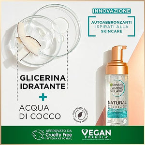 Garnier Ambre Solaire Mousse Autoabbronzante Natural Bronzer, Viso e Corpo, Per un'Abbronzatura Naturale fino ad Una Settimana, Formula Vegana Arricchita con Acqua di Cocco Idratante, 200 ml