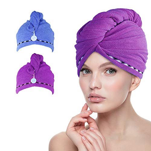 esafio - Confezione da 2 Asciugamani per Capelli in Morbida Blu + Viola Scuro - Ilgrandebazar