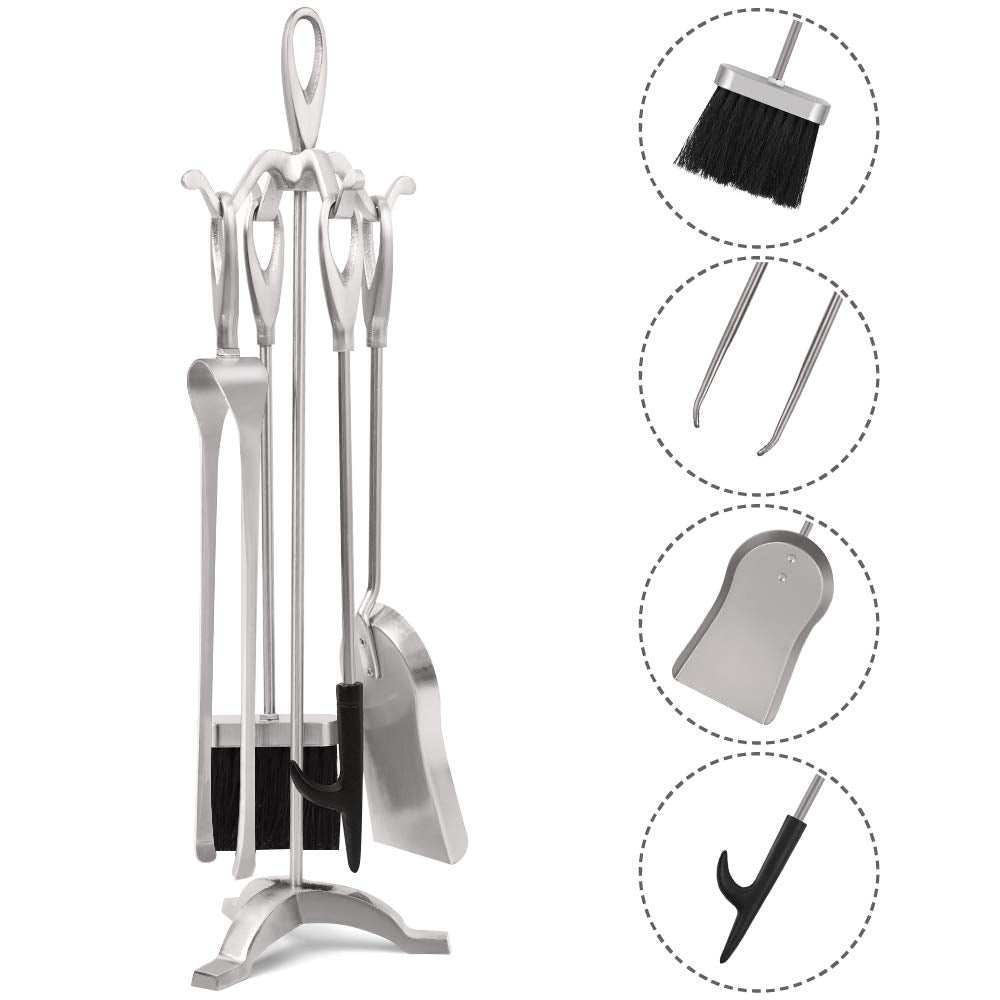 Set di Strumenti per Caminetti 5 Pezzi in Argento Porta Attrezzi, Silver - Ilgrandebazar