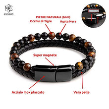 Carica l&#39;immagine nel visualizzatore di Gallery, ess3vu&#39; Bracciale Uomo Cuoio | Braccialetti in Pelle Pietre Nero (20.5cm) - Ilgrandebazar