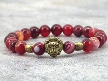 Carica l&#39;immagine nel visualizzatore di Gallery, Bracciale a testa di leone agata rossa a strisce naturali con perline dorate - Ilgrandebazar